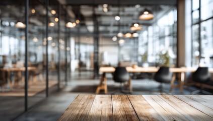 Blurry office interior with wooden table