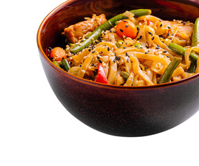 Delicious stir-fried noodles with colorful vegetables and sesame seeds