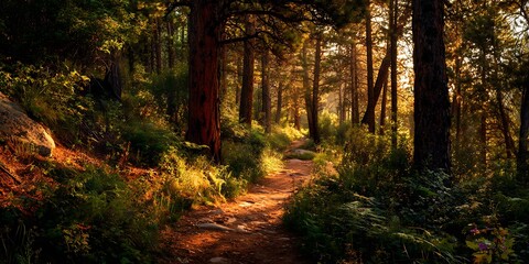 Obraz premium Winding forest path bathed in golden sunlight.