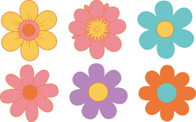 Six Stylized Retro Flowers in Pastel and Bright Colors floral bloom
