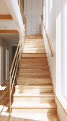 A wooden staircase with white walls and wood floors