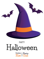 Halloween party invitation poster hand drawn. Witch's cap, bat. Concept of banner, greeting card, invitation, poster. Vector illustration.