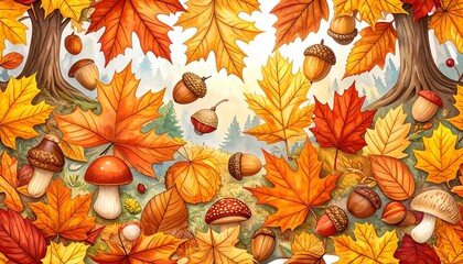 Fototapeta premium A vibrant autumnal scene brimming with colorful leaves, acorns, and mushrooms, creating a warm and inviting atmosphere.