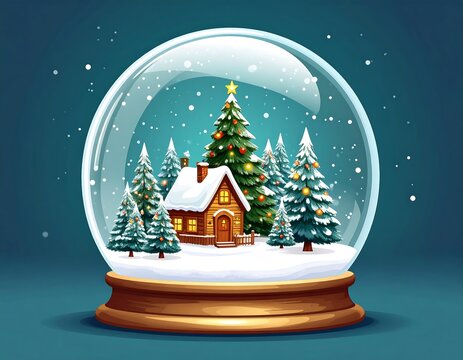 Christmas snow globe with cozy house and trees