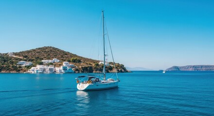 A white sailboat sails past a picturesque harbor with whitewashed buildings nestled on a verdant hillside. Bright blue water, clear sky, and sunlit scene