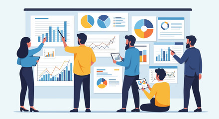 Team collaborating on data analysis, reviewing charts and graphs on a large presentation board.