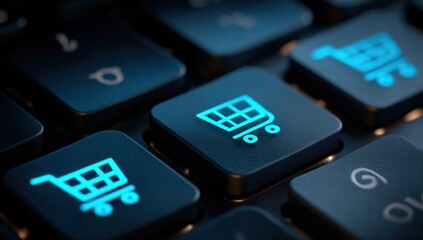 Obraz premium Close-up of a computer keyboard with shopping cart icons