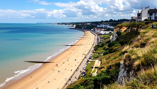 Panoramic coastal view showcasing a sandy beach, turquoise sea, and picturesque cliffs with seaside town nestled at the base.
