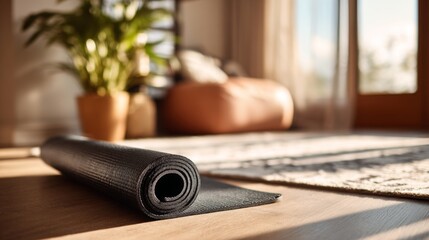 Bright Living Room with Rolled Out Yoga Mat and Cozy Decor Elements
