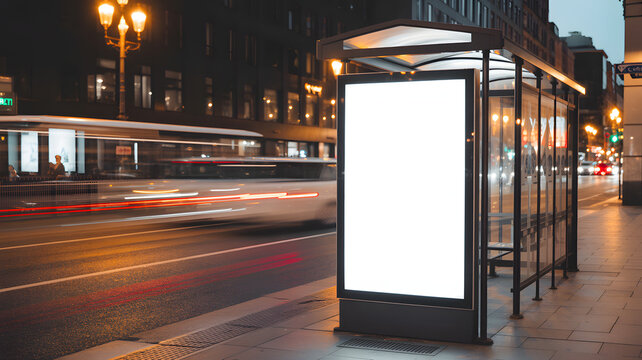 Blank billboard at bus stop glows at night, ready for your captivating advertisement campaign