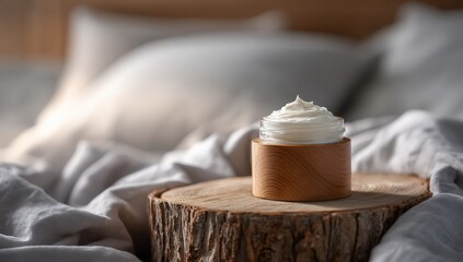 Creamy skin treatment on a wooden stump in a bedroom