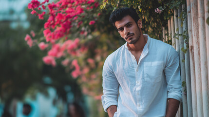 Portrait of handsome man in white shirt leaning against fence with flowers