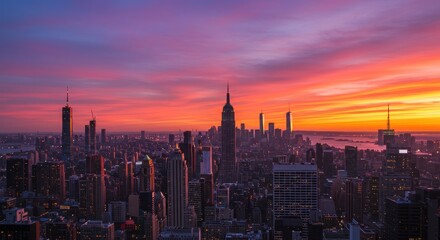 Fototapeta premium A breathtaking panorama of New York City's skyline at sunset, showcasing vibrant colors and towering structures against a dramatic sky.