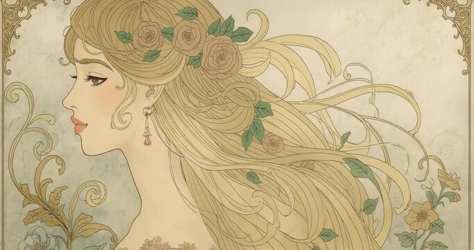 Woman standing still as hair swaying in gentle breeze on parchment with roses and tassel earring