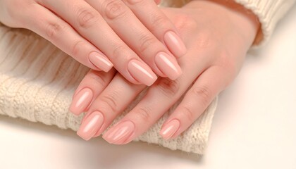 Close-up of manicured hands with light beige nails