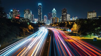 Fototapeta premium A city skyline with a lot of traffic