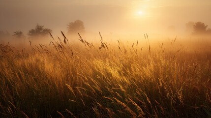 Fototapeta premium Golden sunrise over grassy field