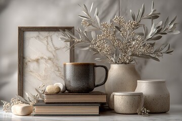 Fototapeta premium Elegant still life arrangement of books, ceramics, and foliage on a marble surface