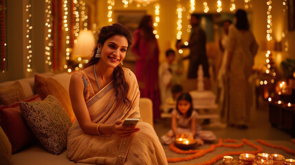 Celebrating diwali festival woman using phone in traditional indian clothing