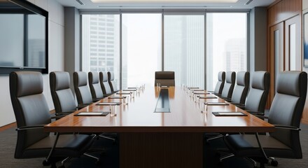 Fototapeta premium Background of the boardroom An empty meeting room with an elegant wooden table