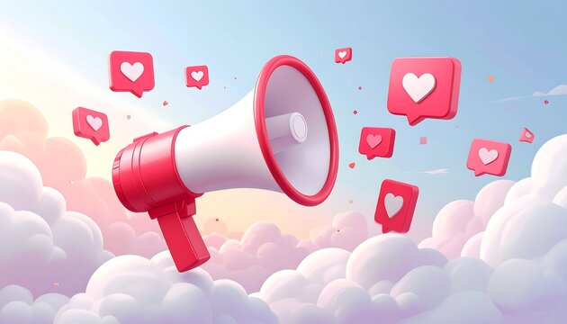 A vibrant megaphone broadcasts social media heart icons amidst fluffy clouds, conveying a message of love and connection. - Powered by Adobe