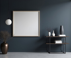Modern Minimalist Empty Room with Standing Lamp, Stylish Rack, and Large Wall Frame