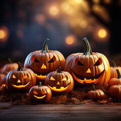 Pumpkins with scary Halloween faces on an autumn background