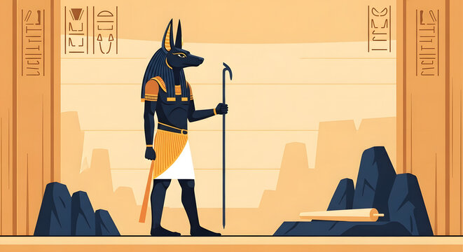 ancient egyptian god anubis jackal head staff