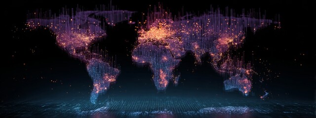 Fototapeta premium Holographic World Map Visualizing Global Data Patterns with Glowing Elements and Mysterious Atmosphere