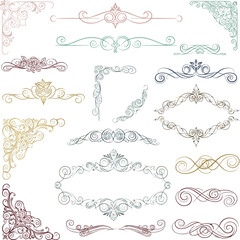 Create a kinds of deferent Calligraphy dividers. Decorative text borders and flourish swirls, elegant romantic curves for wedding invitation card and greeting message. vector art color .