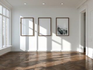 Fototapeta premium A room with three pictures on the wall and a window