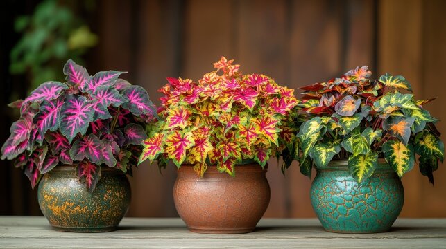 Three potted coleus plants with vibrant, patterned leaves sit on a wood surface. Showcase indoor gardening or colorful foliage in your design project.