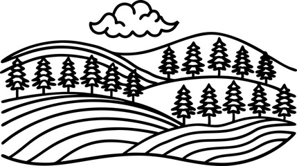 Hillside landscape illustration with trees and fields simple black line drawing style, nature scene, countryside view