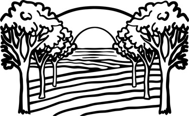 Scenic nature landscape with trees, sun and field lines rural countryside, black and white illustration