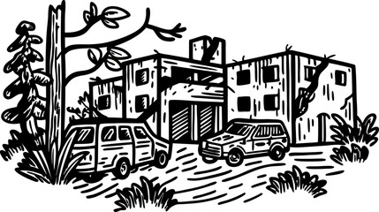 Suburban residential building sketch with parked cars hand drawn urban housing, apartment complex illustration