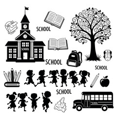 Vector illustration of school elements with children, school bus, and tree