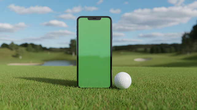 Green screen phone mock up with golf ball on course, perfect for golf app advertisement or social media - Powered by Adobe