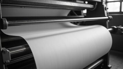 High quality printing press with large roll of blank paper ready for printing, showcasing machinery precision and industrial design