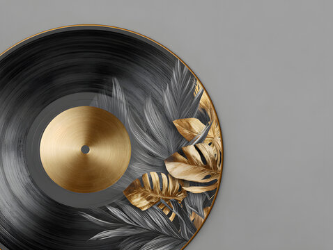 Abstract Vinyl Record with Gray Leaves and Golden Tropical Foliage on Gray Background - Powered by Adobe