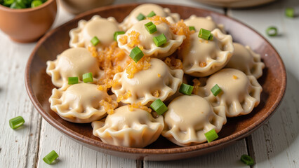 Delicious dumplings served on wooden plate, garnished with green onions and crispy bits, creating mouthwatering dish