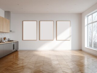 Fototapeta premium A kitchen with a white wall and three empty picture frames