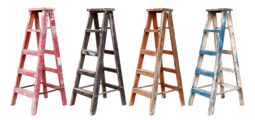 Set of rustic painted wooden step ladders, isolated on transparent cutout background