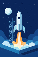 Naklejka premium Rocket Launching into Space with Moon and Stars - A Journey of Exploration