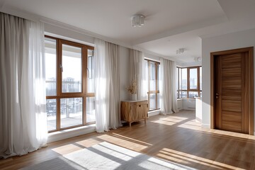 A sunlit, modern living room with wide windows dressed in lightweight curtains. A closed wooden door blends seamlessly into the white walls, and a warm hardwood floor invites a cozy atmosphere.
