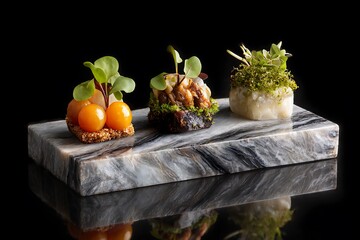 Exquisite gourmet appetizers presented on a marble slab, a culinary masterpiece for fine dining.