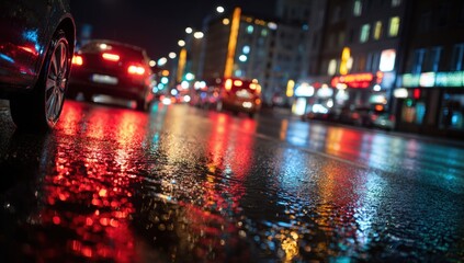City street at night, wet asphalt reflecting lights