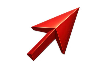 Glossy red 3d cursor arrow pointing upward diagonally, positioned against transparent backdrop, highlighting digital interface design