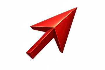 Glossy red 3d cursor arrow pointing upward diagonally, positioned against transparent backdrop, highlighting digital interface design