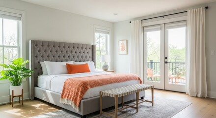 Serene master bedroom retreat with tufted headboard and balcony access flooded with natural light