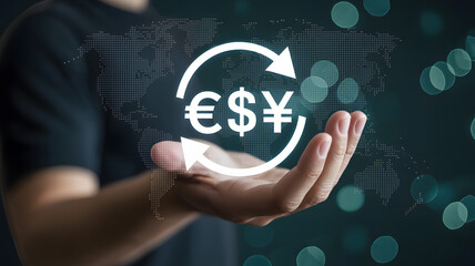 Currency exchange concept with Euro, Dollar and Yen symbol in a hand